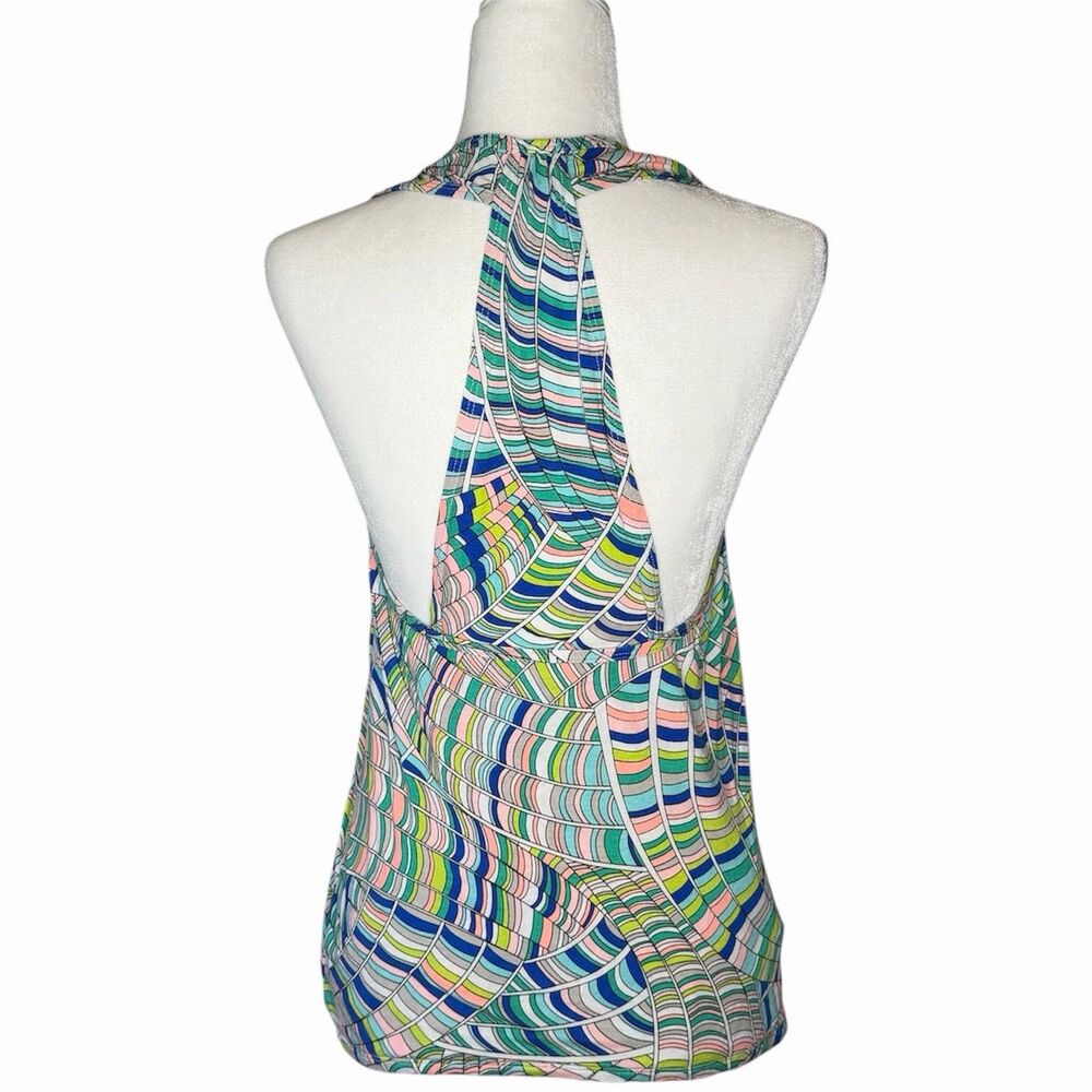 Trina Turk Recreation Yoga Top Draped Back Abstract Pink Blue Green Size Large** - Picture 10 of 16